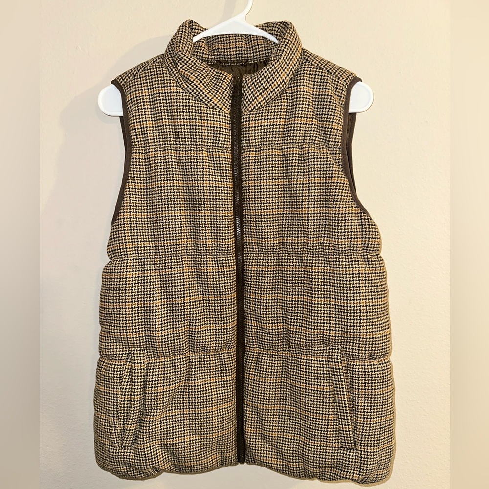 Maurices Women's Size M Puffer Vest Brown Plaid‎ Houndstooth Wool Blend Full Zip